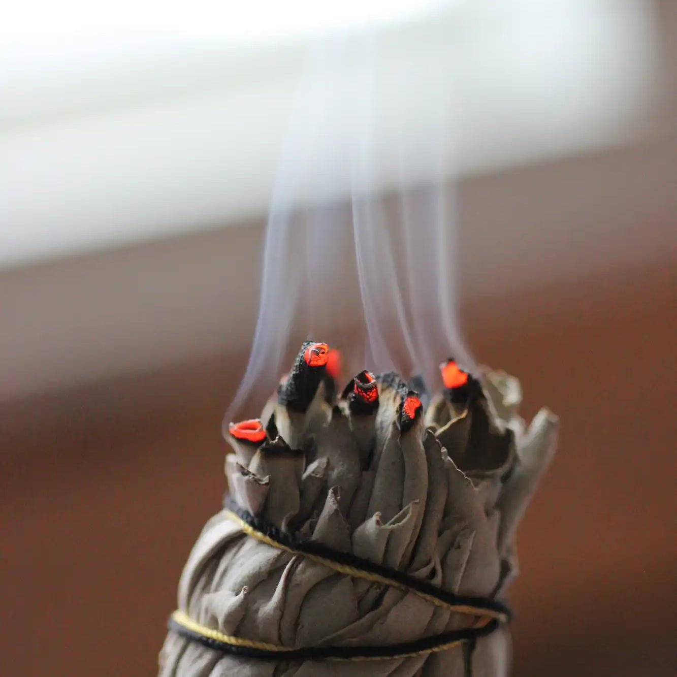 Burning bundle of white sage with wisps of smoke rising from its glowing tips.