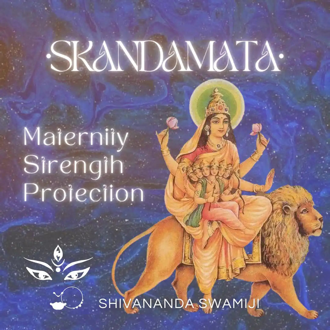 A depiction of the goddess Skandamata riding a lion.