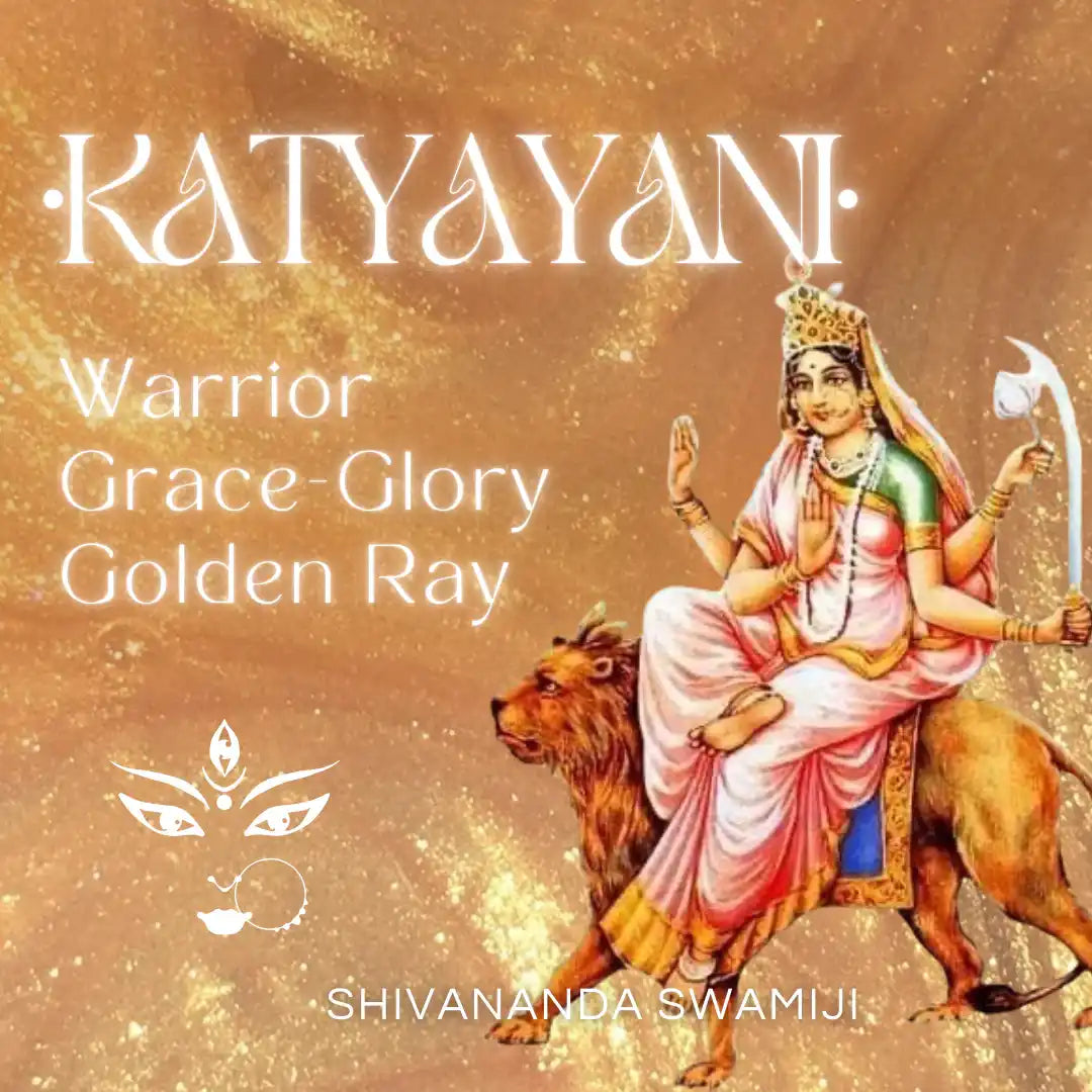 A depiction of the Hindu goddess Katyayani, seated on a lion, holding a sword and other implements.