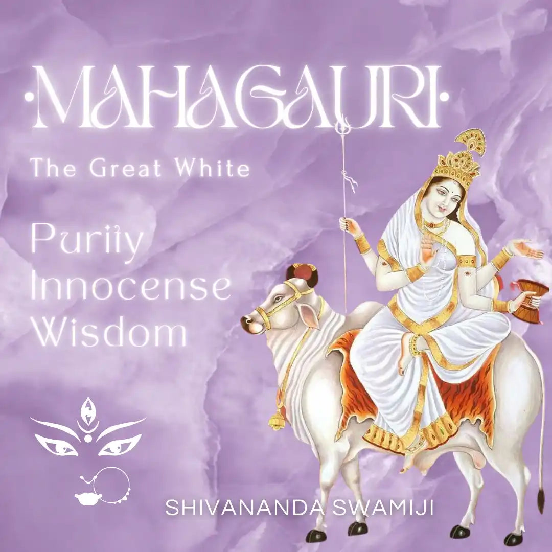 A depiction of the Hindu goddess Mahagauri riding a white bull.