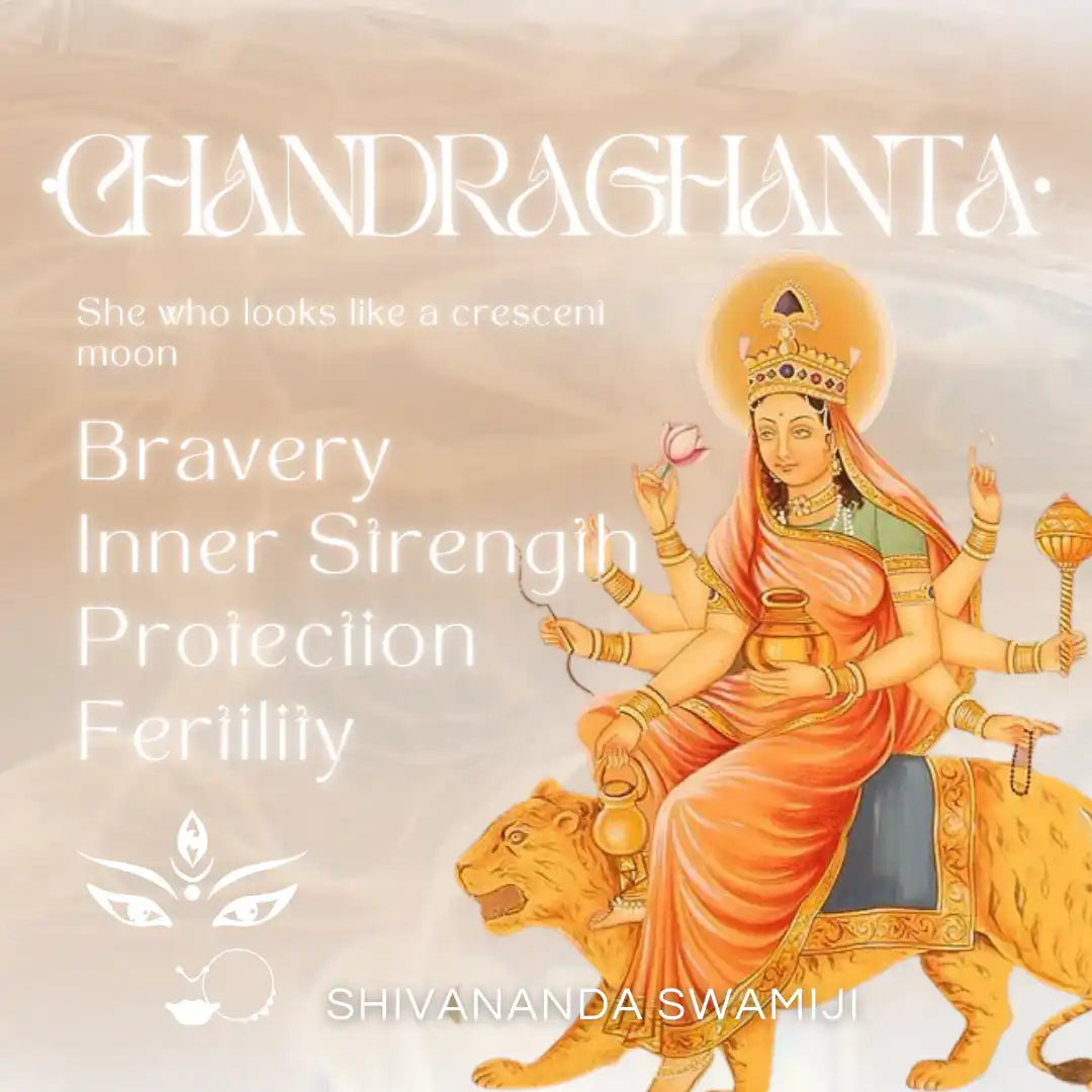 A goddess with multiple arms riding a tiger, holding various implements.