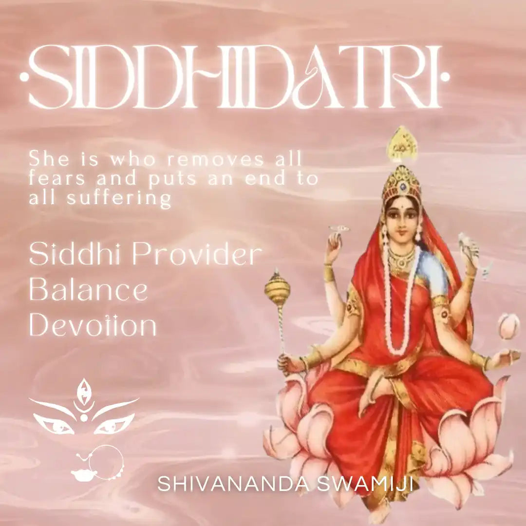 A Hindu goddess, Siddhidatri, seated on a lotus flower.