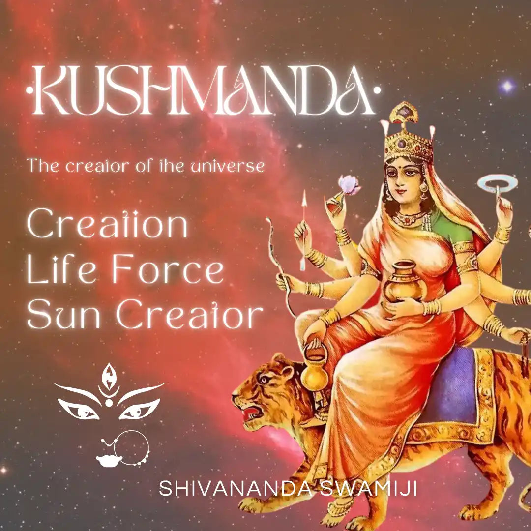 A multi-armed Hindu deity, likely the goddess Kushmanda, riding a tiger.