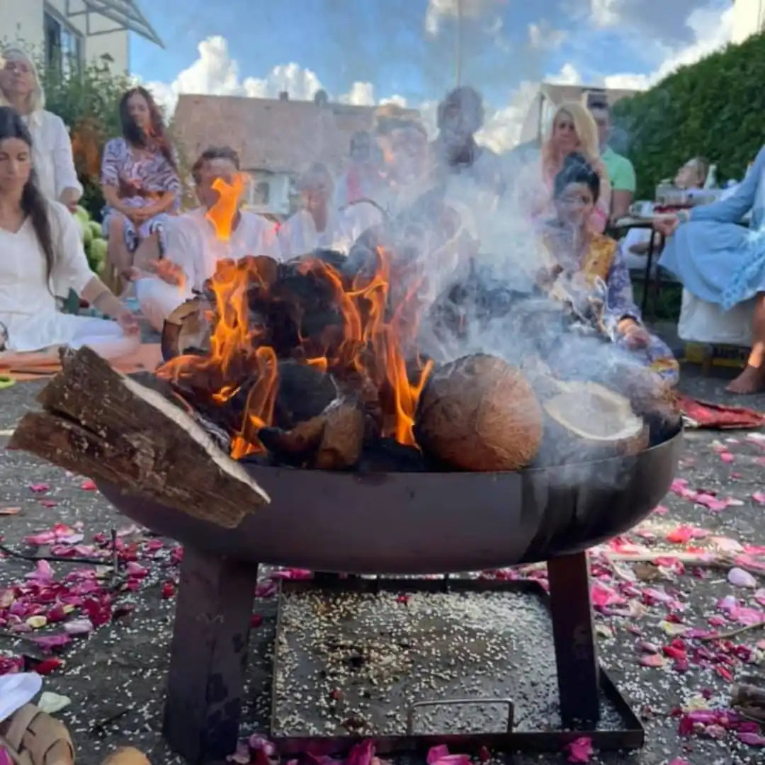 Fire pit with burning logs surrounded by rose petals.