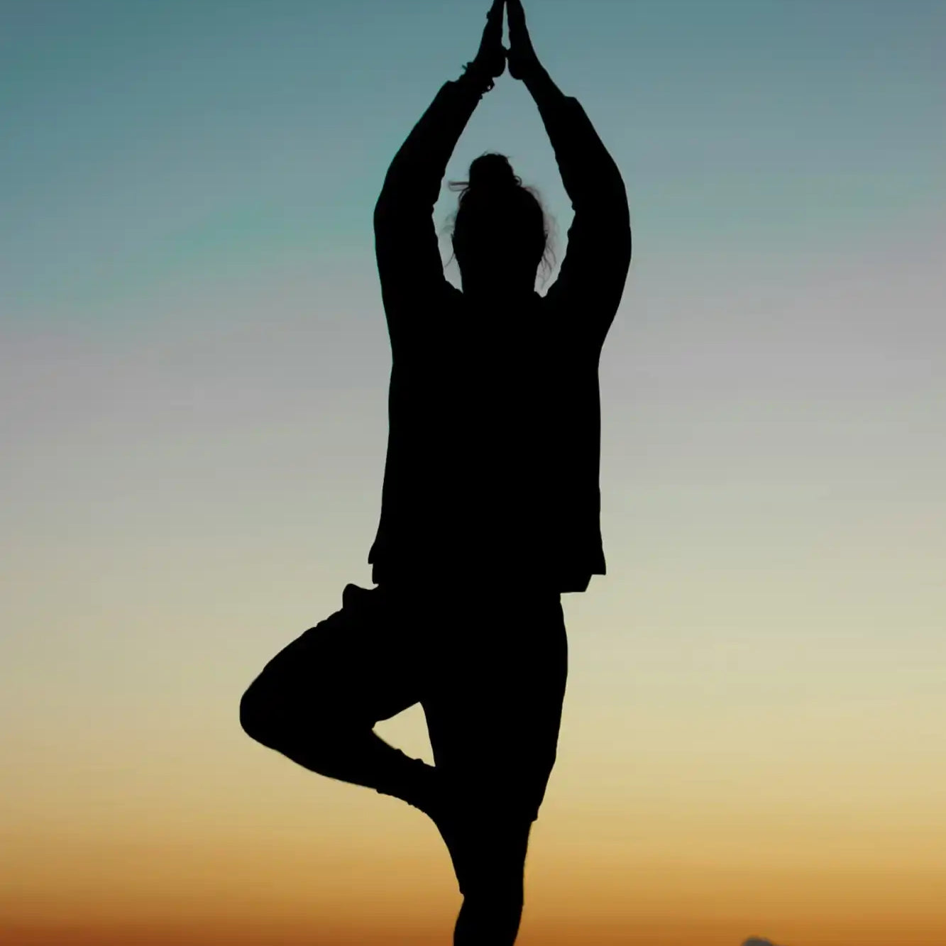 Silhouette of a person performing a tree pose yoga position.