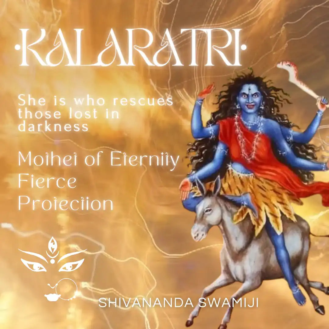 A vivid depiction of the Hindu goddess Kalaratri, with dark skin, multiple arms, and a fierce expression, riding a donkey.