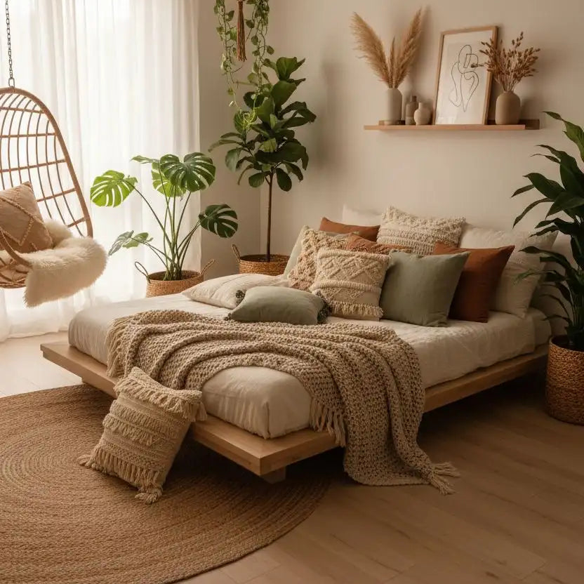 Beige macrame throw blanket draped over a wooden platform bed.