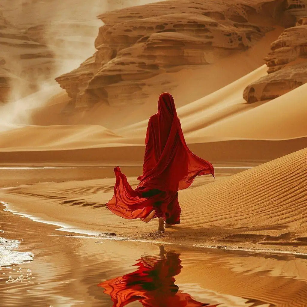 A flowing, deep red fabric cloak drapes over a figure walking through a desert landscape.