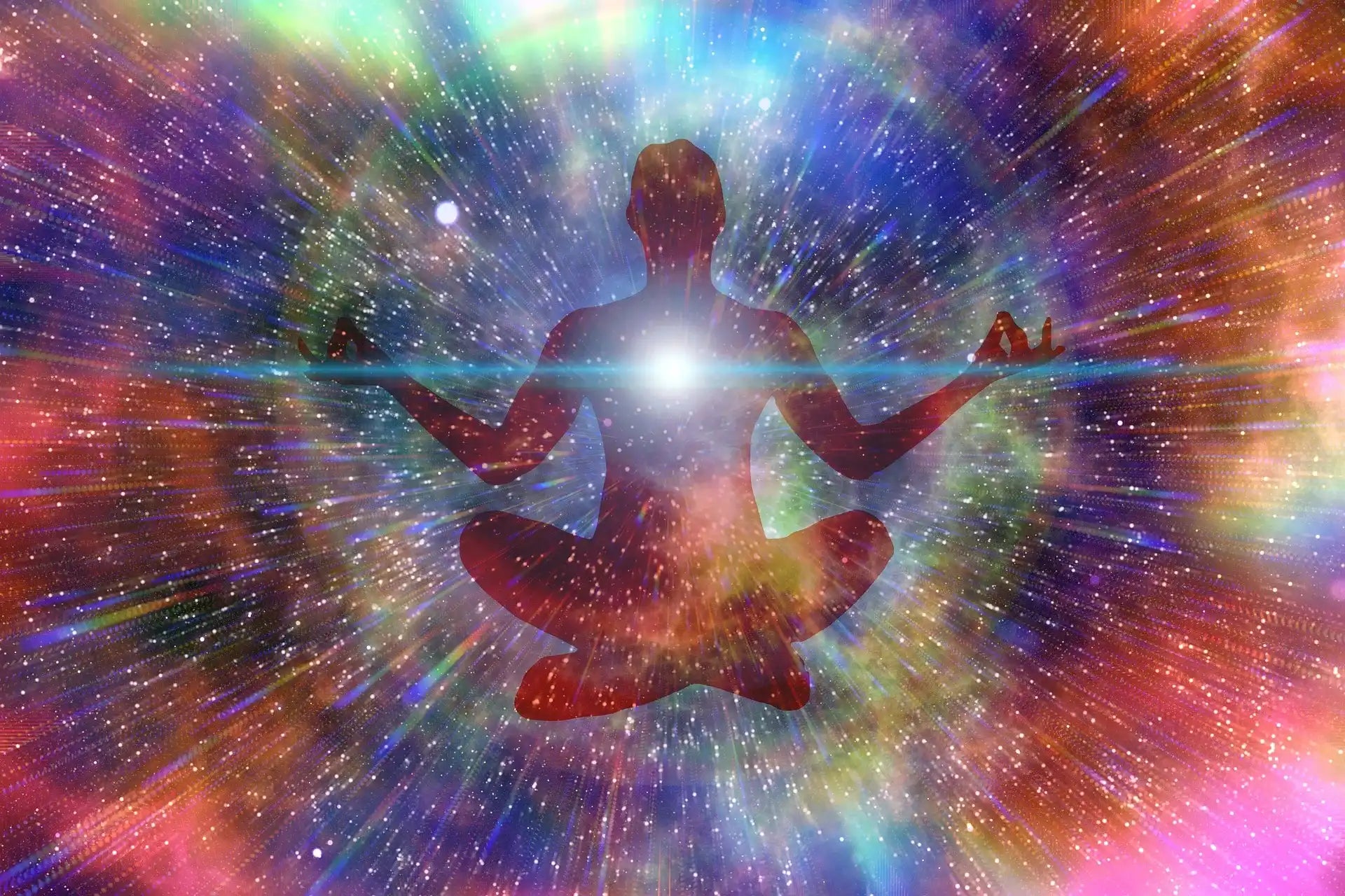 Meditating figure in cosmic energy.