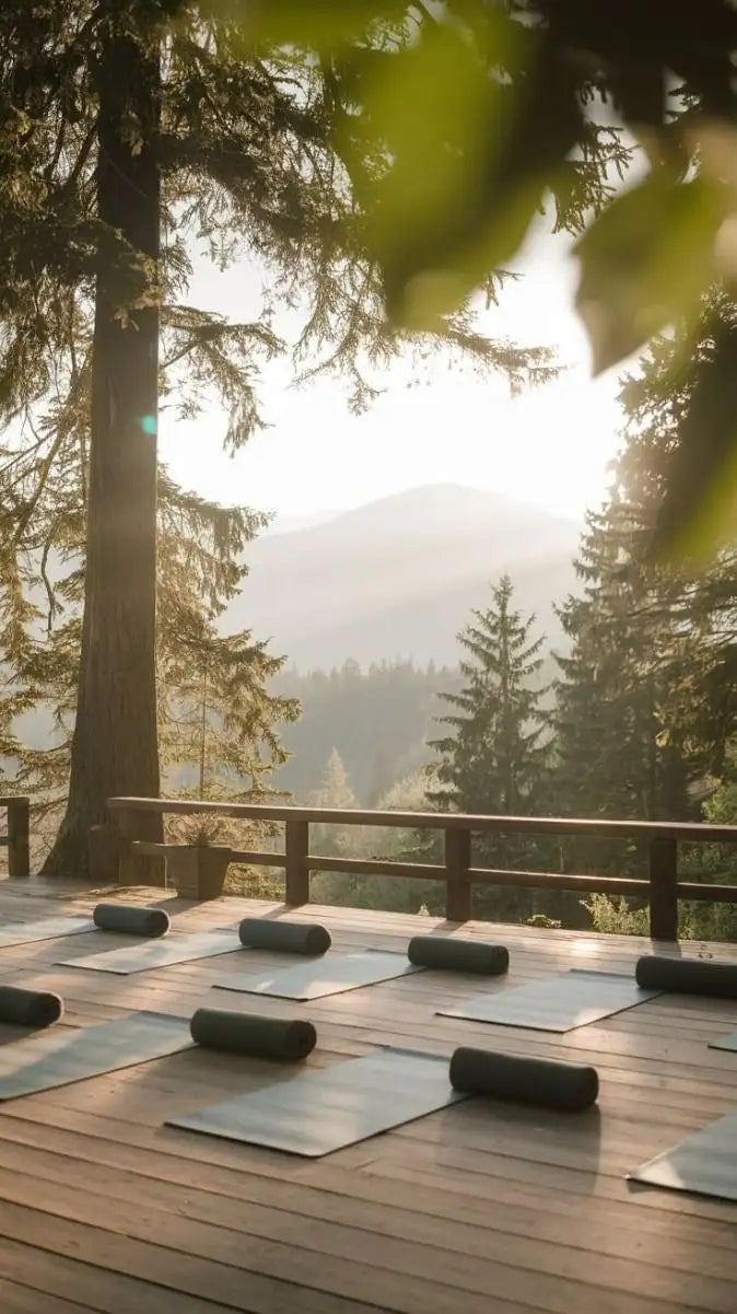 Gray yoga mats with black cylindrical rollers arranged neatly on a wooden deck.