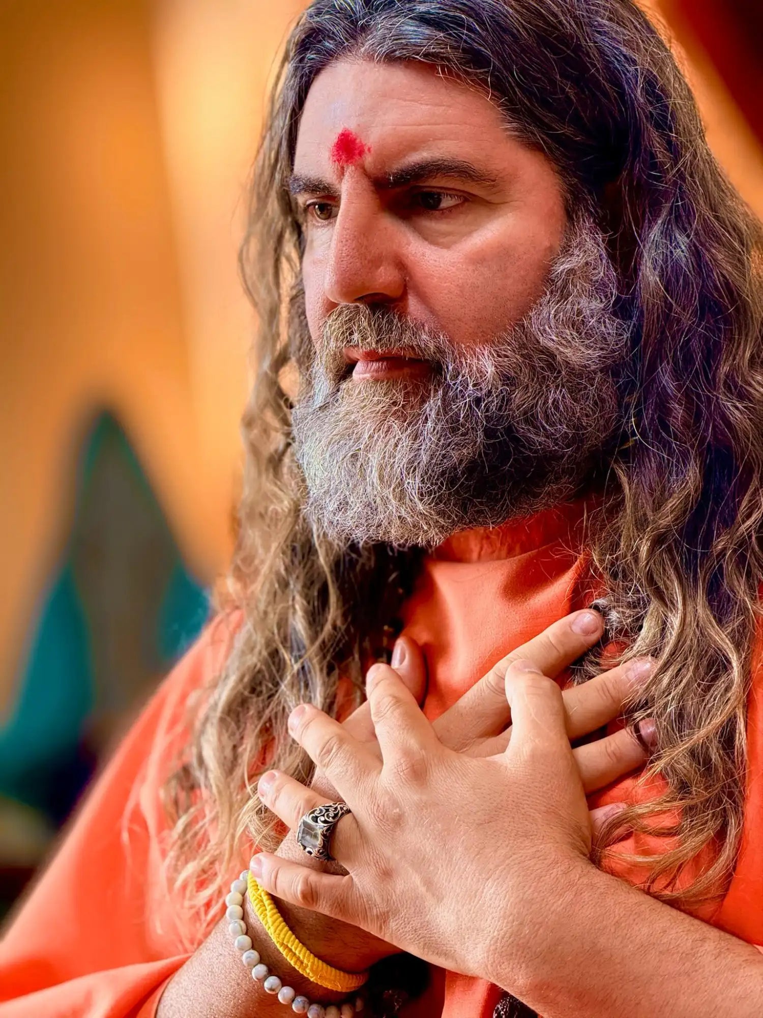 A man with long, wavy gray and brown hair and a full beard wears an orange robe.