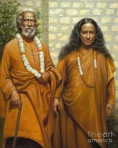 The painting depicts two figures in traditional orange robes adorned with white and gold floral garlands.