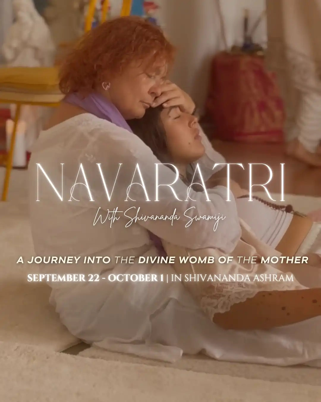 A promotional poster for a ’Navaratri’ event featuring two women embracing.