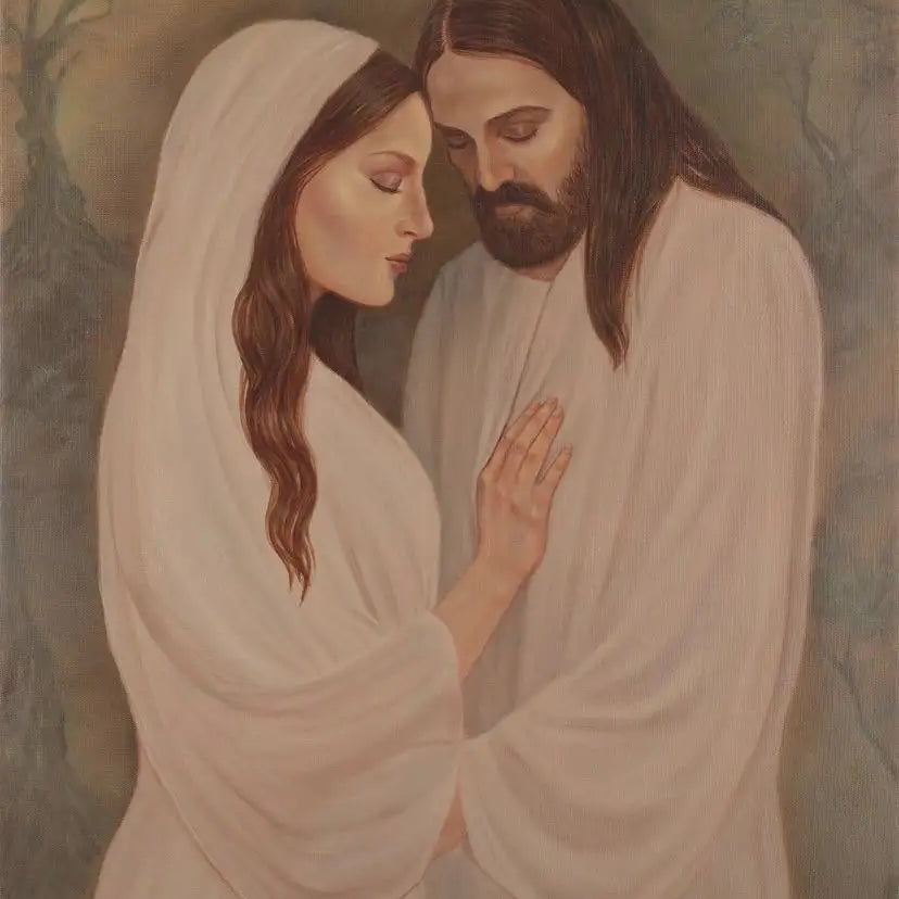 A soft, oil-painted religious portrait depicting a woman in flowing white robes and a man with long brown hair and beard, both dressed in serene, light-toned garments.