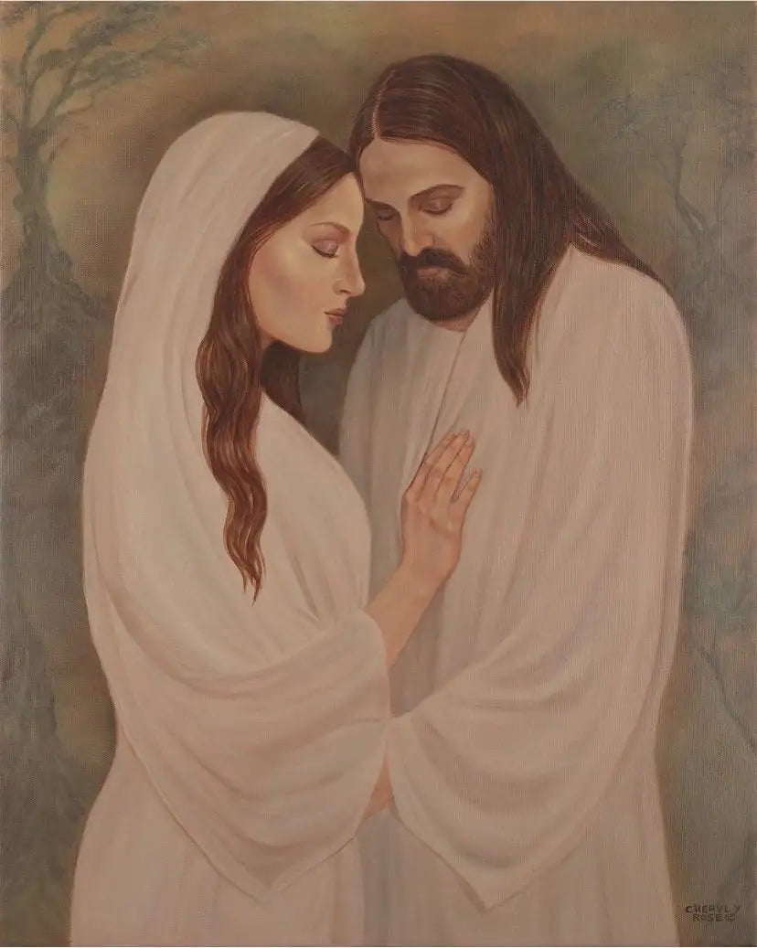 A soft, oil-painted religious portrait depicting a woman in flowing white robes and a man with long brown hair and beard, both dressed in serene, light-toned garments.