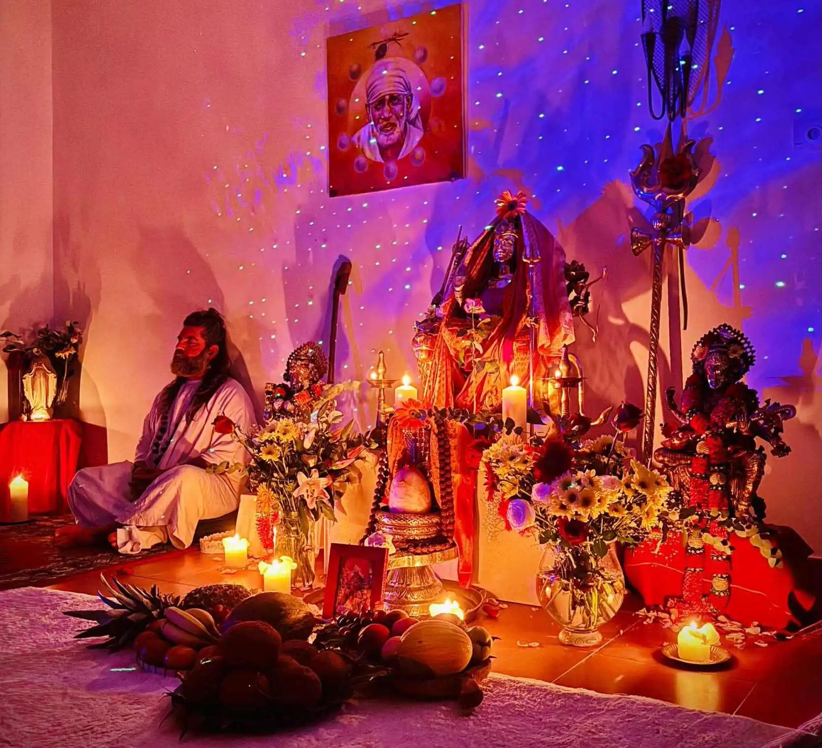 A spiritual altar with a meditating person.
