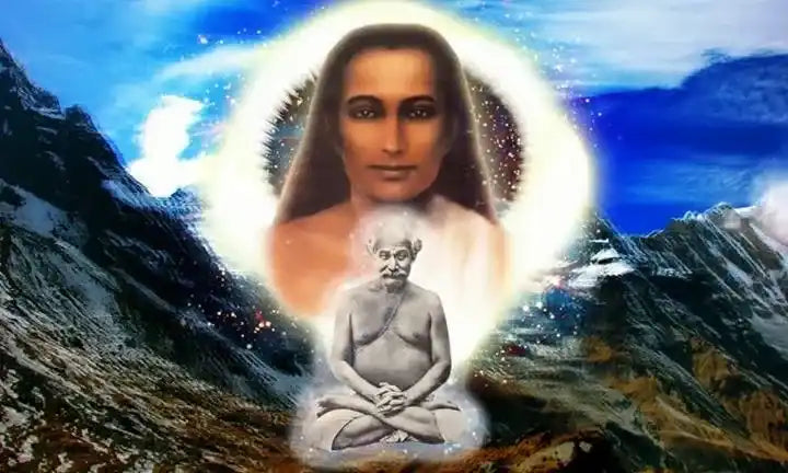 Spiritual figures depicted in a mountainous landscape.