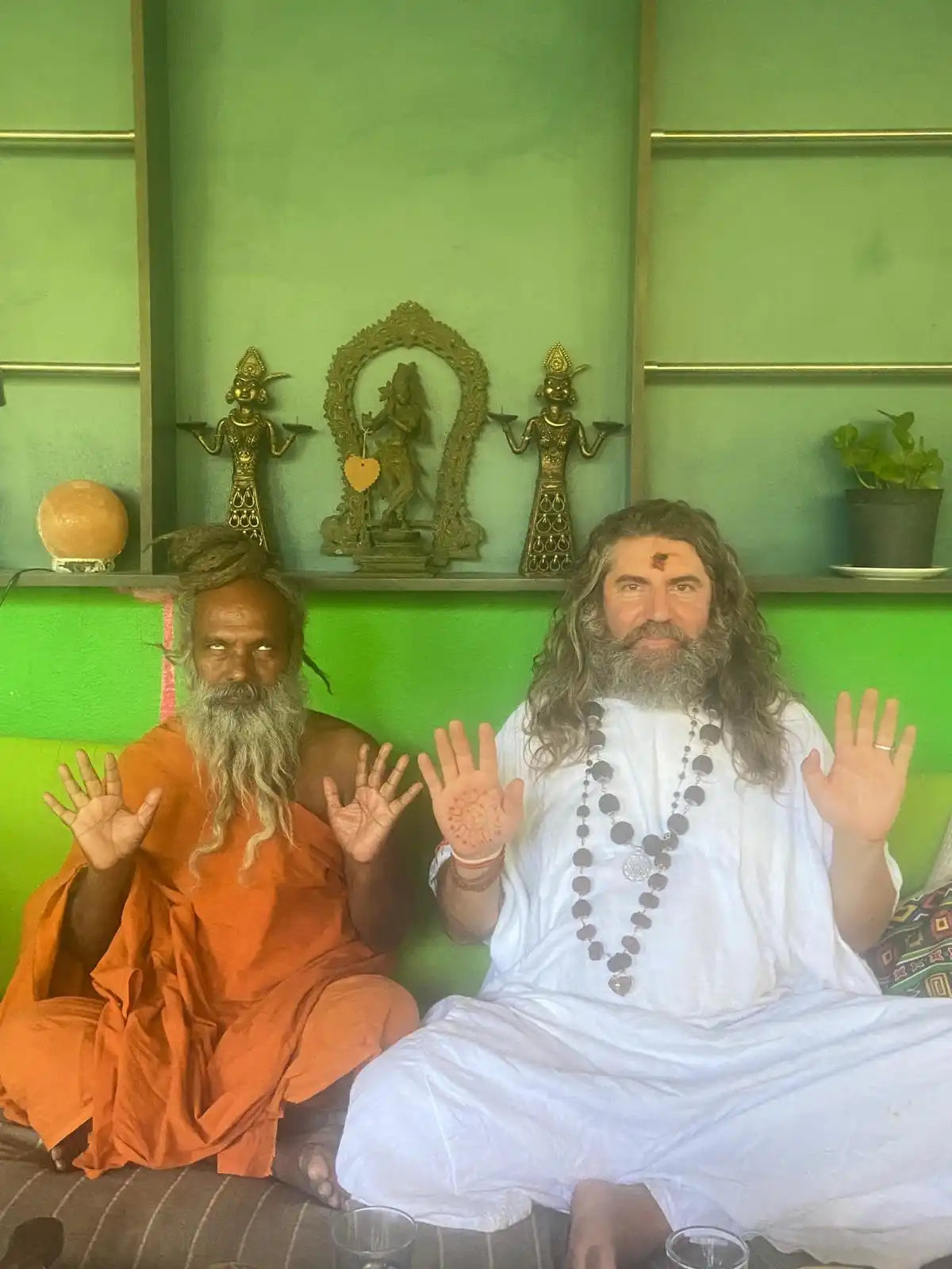 Two men, dressed in traditional Indian attire, with beards and long hair, sitting in front of a green wall with religious statues.