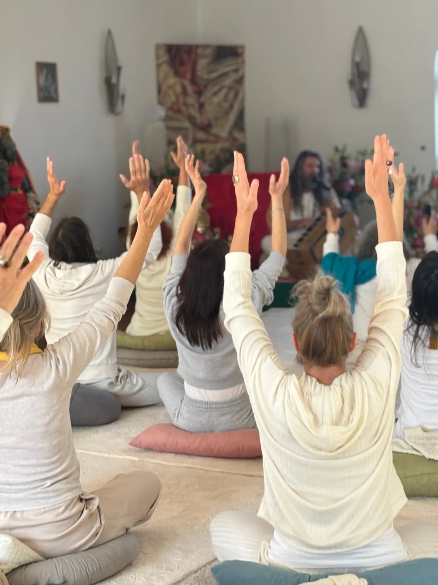 White yoga mat with green and brown patterned design, made of rubber material.