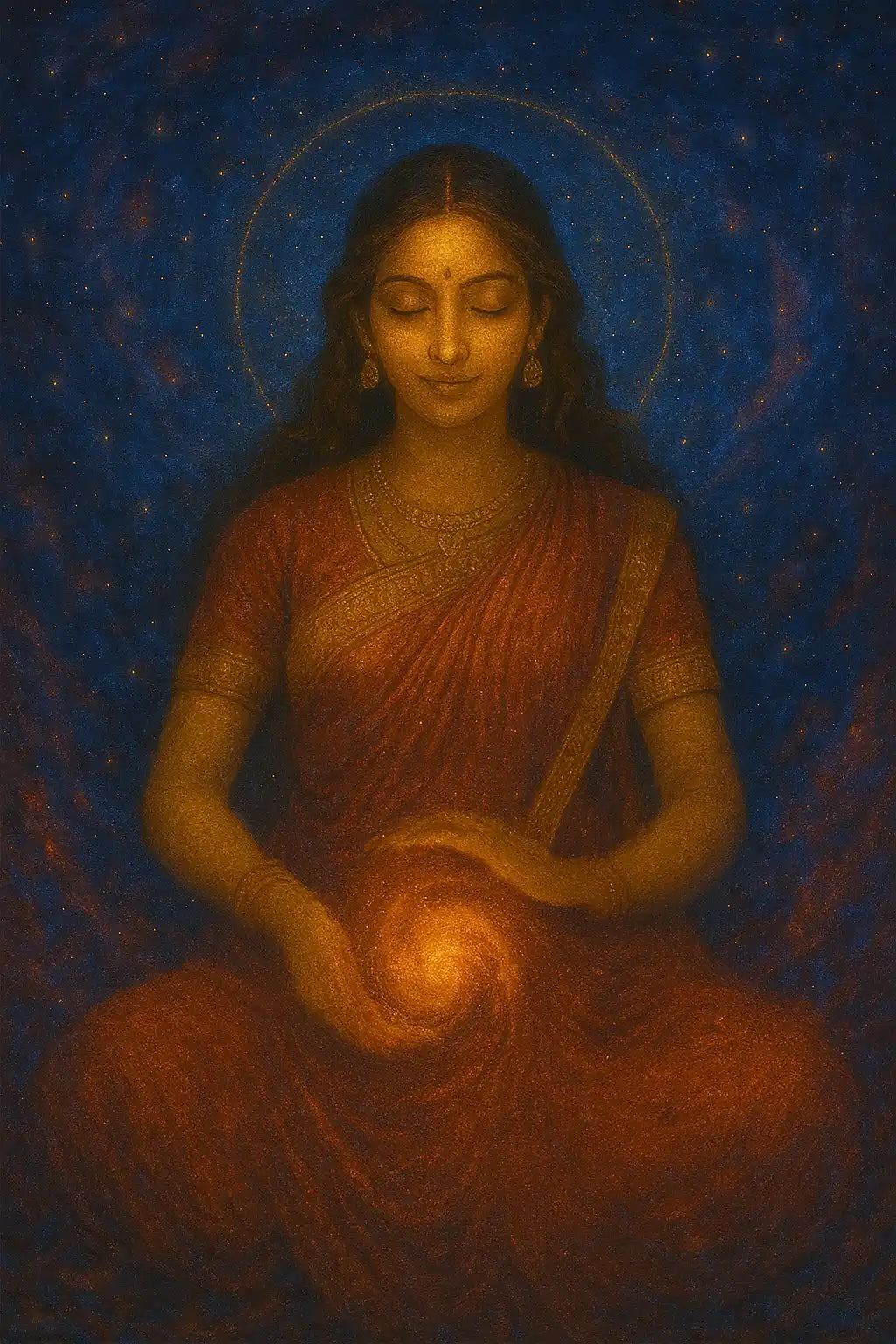 A woman in a red sari meditating with a glowing orb in her hands.