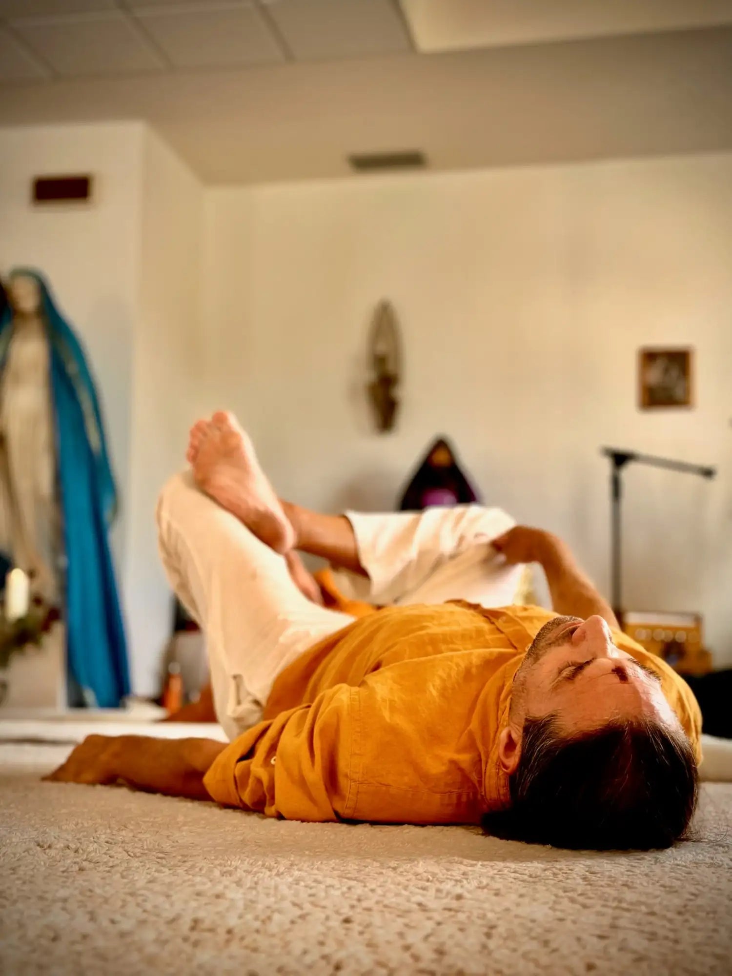 Yellow and white yoga pants with a relaxed fit.